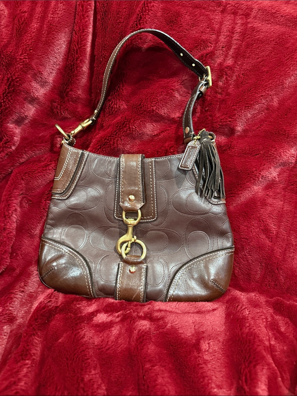 Vintage Coach Chocolate Brown Leather Shoulder Bag with Tassel